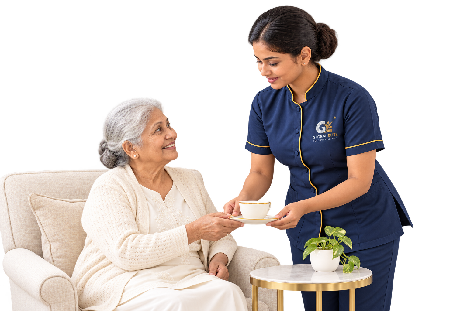 Global Elite worker assisting an older woman at home